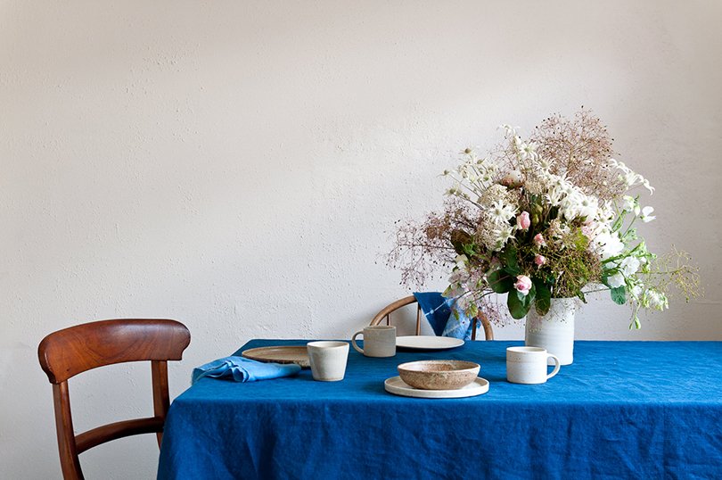 Linen Tablecloth in Deep Blue Sea - bindandfold on etsy